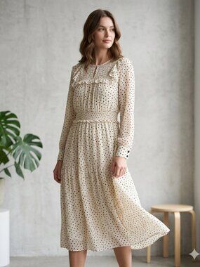 Madewell Cream and Black Polka Dot Long Sleeve Midi Dress